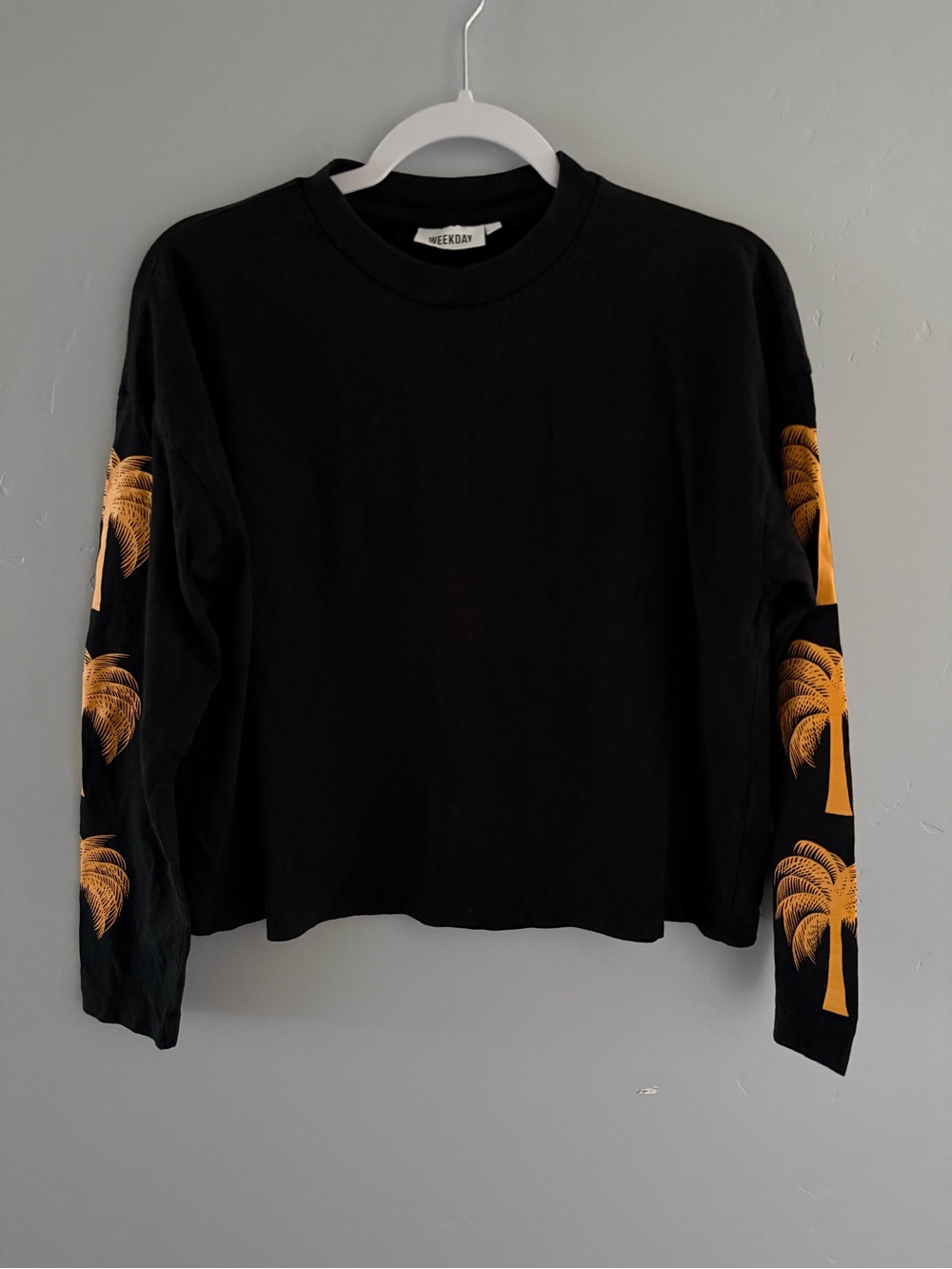 Weekday Black Long-Sleeve Tee with Orange Palm Sleeves (M)